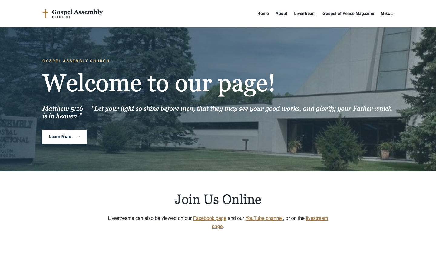 Homepage preview of the Gospel Assembly Church website rebuild